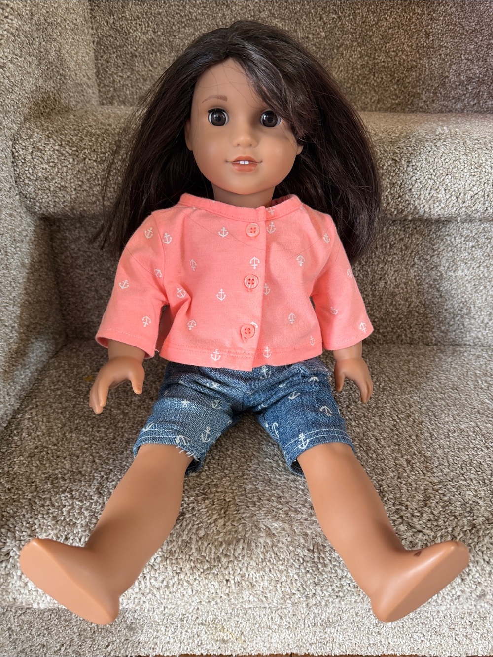 Kids American Girl Doll Coral Anchor-Print Cardigan and Denim Shorts Set
